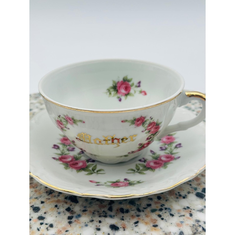 Norcrest‎ Fine China Mother Teacup and Saucer Set Pink Roses Gold Trim